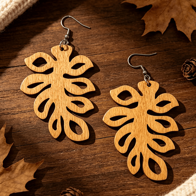 Women's Vintage Wooden Leaf-shaped Earrings, Bohemian Style